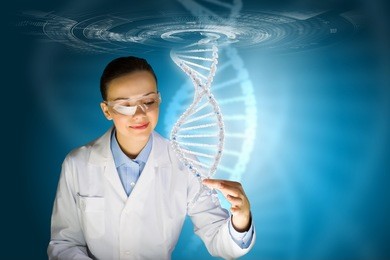 woman scientist touching dna molecule image at media screen