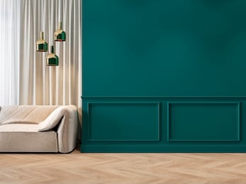 modern classic green interior with moldings, sofa, lamps, curtains and wood floor. 3d render illustration mock up.