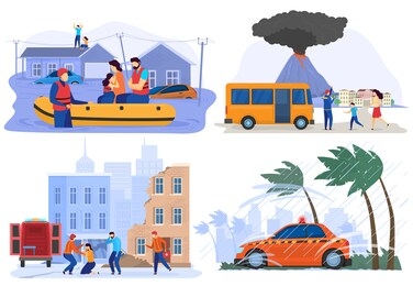emergency evacuation victims of natural disasters, flood, earthquake and volcano eruption, vector illustration. people rescue from storm, hurricane, typhoon. extreme weather cataclysm natural disaster