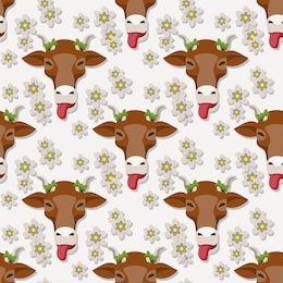 seamless cow cartoon face flowers pattern on white background. vector image eps 10