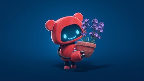 little cute red robot with bear ears holds a clay pot with lavender. concept art friendly kawaii bot with glowing smiling face on the screen. nature lover robot. 3d illustration on blue background.