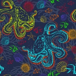 seamless pattern with underwater creatures, fishes and octopuses. hand drawn vector illustration.