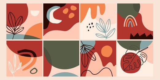 set of eight abstract backgrounds. hand drawn various shapes and doodle objects. contemporary modern trendy vector illustrations. every background is isolated. pastel colors