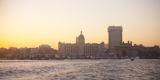mumbai india with gateway and hotel taj mahal, sunset