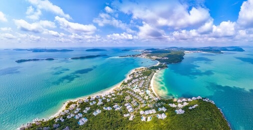 coastal resort scenery of ong doi cape, emerald bay, phu quoc island, vietnam, a tourism destination for summer vacation in southeast asia, with tropical climate and beautiful landscape. aerial view.