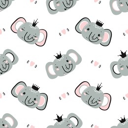 princess elephants. cute little baby elephant face with crown and hearts seamless pattern. kawaii animal heads childish vector background for kids fashion design. print for nursery wallpaper