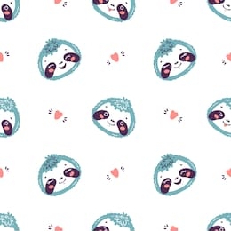 cute sloths. little baby sloth face and hearts seamless pattern. kawaii animal heads childish vector background for kids fashion design. print for nursery wallpaper, baby shower, birthday