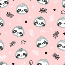 cute sloths. little baby sloth face and tropical leaves floral seamless pattern. kawaii animal heads vector childish background for kids fashion design. print for nursery wallpaper, baby shower