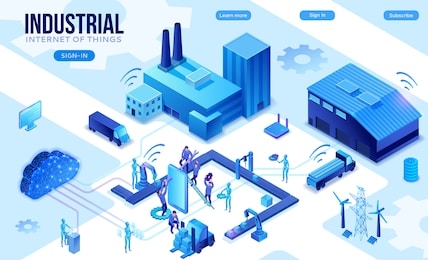internet of things infographic illustration, neon blue isometric 3d concept with smart technology, globe glowing icon, computer network with night glowing background