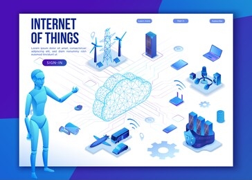 internet of things cloud infographic, neon blue isometric 3d illustration with smart technology icons, computer network, night glowing background