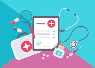 medical form list with results data and approved check mark vector illustration, flat cartoon clinical checklist document with checkbox, insurance or medicine service concept, prescription record