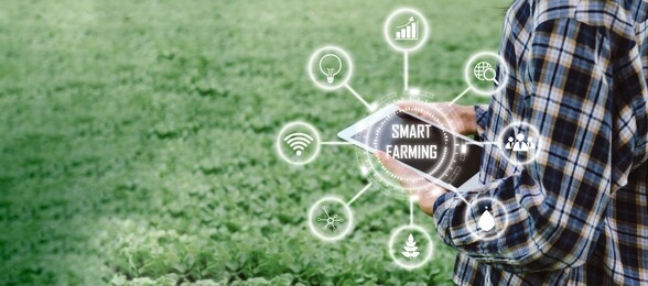 panoramic banner. agronomist using tablet computer analysis data development with visual icon in hydroponic greenhouse nursery farm, smart farming, digital technology, agricultural innovation concept