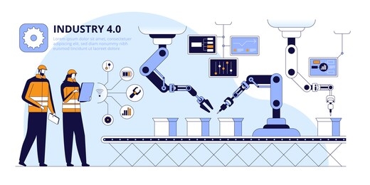 conveyor inspection flat vector illustration. futuristic factory workers cartoon character. colleagues checking manufacturing systems. smart industry, automated assembling line with robotic arms