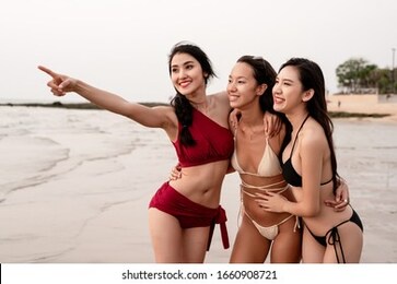 group of diversity woman are smiling laughing while summer vacation.  summer vacation relaxation, travel, nature, happy life unseen concept.
