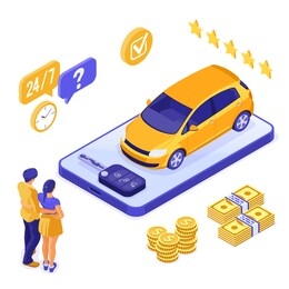 online sale insurance rental sharing car isometric concept for landing, advertising with car, phone, couple, key. auto rental, carpool, carsharing. isolated vector illustration