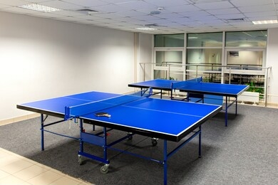 two blue ping pong tables in the room