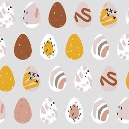 unique untraditional easter eggs decorated with doodle geometrical shapes, terrazzo mosaic, sprinkles and rainbows. minimalist simple scandinavian nordic seamless pattern in pastel colors for spring