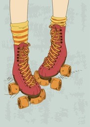 illustration with girl's legs in striped socks and retro roller skates