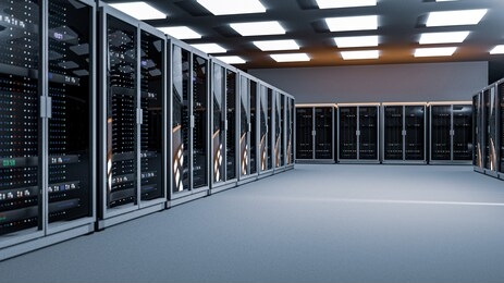 server room data center. backup, mining, hosting, mainframe, farm and computer rack with storage information. 3d render