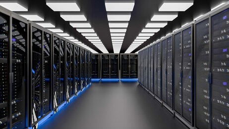 server room data center. backup, mining, hosting, mainframe, farm and computer rack with storage information. 3d render