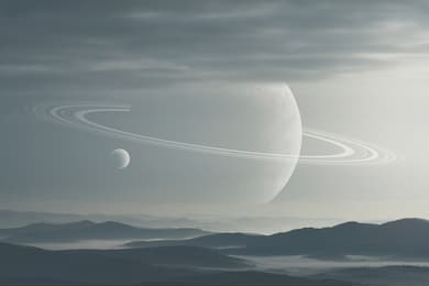 surreal landscape, planets above hills on morning sky, ring planet science fiction landscape