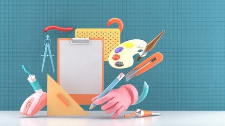 the designer's hand is surrounded by a mouse and stationery on a cutting mat. 3d render for banner and poster.-3d rendering.
