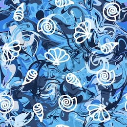 seamless marble texture pattern with shells. blue strokes of paint waves, white seashell. fluid texture. spots, splashes, water, ocean, sea, line, summer, beach. hand drawn stock vector illustration