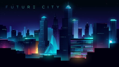 futuristic night city. cityscape on a dark background with bright and glowing neon lights. cyberpunk and retro wave style illustration.