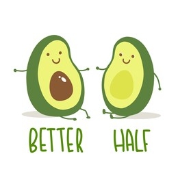 cartoon avocado couple and lettering text better half. vector illustration for tshirt prints, card, poster