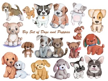 set of cute cartoon watercolor dogs and puppies. hand drawn watercolor art. isolated on white background.