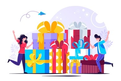 digital referral program. online reward , happy business woman receive a gift box vector illustration for web banner, infographics, mobile. woman win prize
