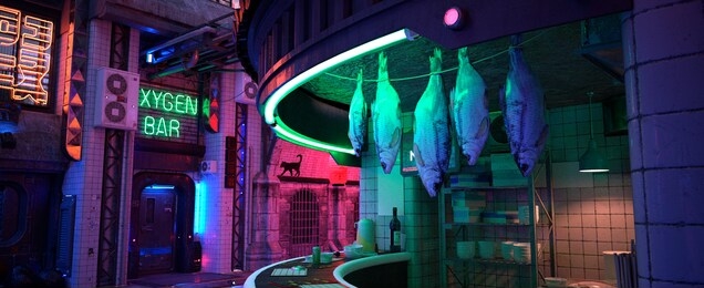 neon night in a city of a future. photorealistic 3d illustration. wallpaper in a cyberpunk style. empty street with blue, green and purple neon lights.beautiful night cityscape. grunge urban landscape