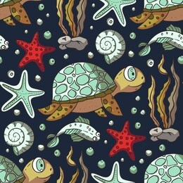 cartoon turtle animal seamless vector pattern. hand drawn summer ocean background tropical illustration with cute tortoise, shell, fish and starfish. underwater colour sea doodle drawing.