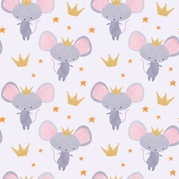 little cute grey baby mouse with crown on pink background seamless pattern, children illustration for surface design