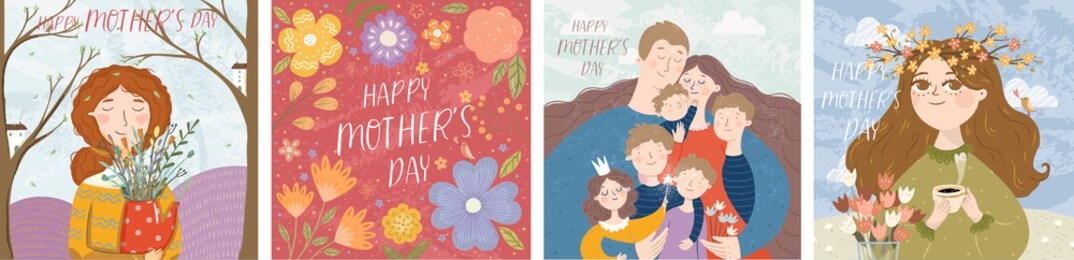 happy mother's day! vector illustration of mom with flowers, floral frame with text and cute family hugging. drawing for card, postcard or background.
 
