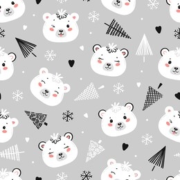vector christmas seamless pattern with polar bear heads, christmas trees and snowflakes. little baby white teddy bear face and winter forest background. new year holiday wallpaper with kawaii animals