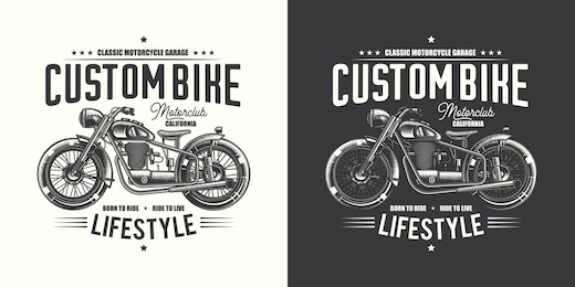 t-shirt or poster design with an illustration of an old motorcycle. design with text composition on light and dark background.