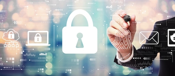 internet network security concept with businessman on blurred abstract background