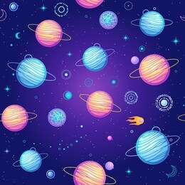 seamless background: cartoon planets, space symbols. background - night star sky. color vector illustration.