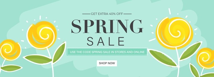 spring sale header or banner design with get extra 40% off and yellow flowers on pastel turquoise background.