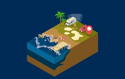 summertime travel beach vacation flat 3d web isometric infographic tourism concept vector template. open suitcase with seashore hippie van surfer young girls in bikini. creative people collection.