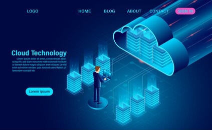 cloud technology concept. online computing technology. big data flow processing concept on map. isometric flat design vector illustration