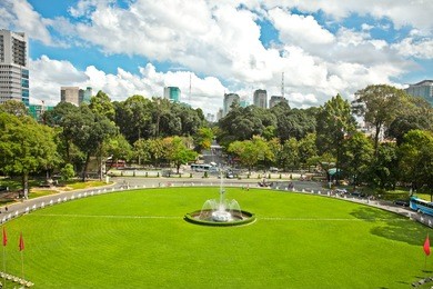 view from reunification palace, landmark in ho chi minh city, vietnam or independence palace (dinh thong nhat)  was home and workplace of president of south vietnam.