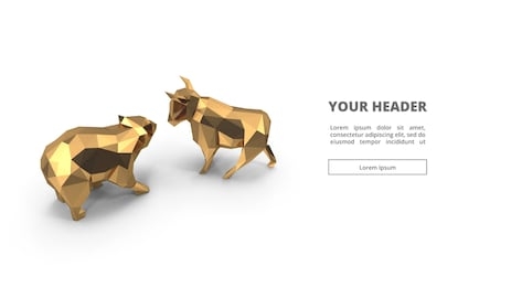 bull and bear low poly. 3d illustration. gold. digital polygon. web design. main page. visual. key visual. animals and wild. trading. forex. cryptocurrency. golden. statue and figure. isolated. white