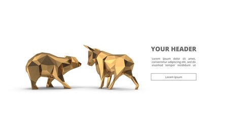 bull and bear low poly. 3d illustration. gold. digital polygon. web design. main page. visual. key visual. animals and wild. trading. forex. cryptocurrency. golden. statue and figure. isolated. white