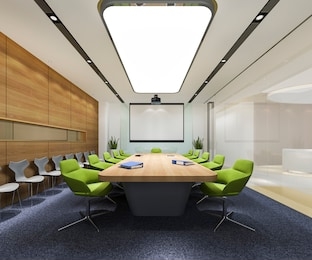 3d rendering business meeting room on high rise office building with green chair