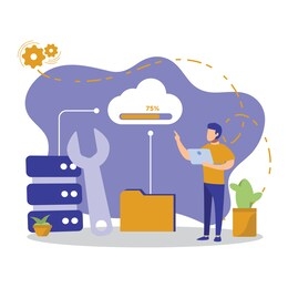 man using laptop controls data storage. cloud online data storage technology. cloud concept, backup concept. protect cloud information data. hosting with cloud data storage and server.