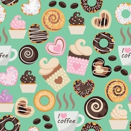 seamless pattern of sweet pastries, dessert and a cup of coffee with the inscription i love coffee. sweet hearts,
cupcakes, muffins, coffee beans. the flat pattern. stock vector illustration. eps 10