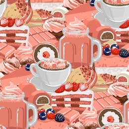 cup of strawberry milkshake and coffee or cacao with marshmallows, surrounded by different desserts. vector repeated seamless pattern