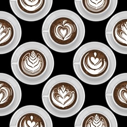 round cups of coffee, cacao or hot chocolate with milk botanical art. top view. vector repeated seamless pattern
